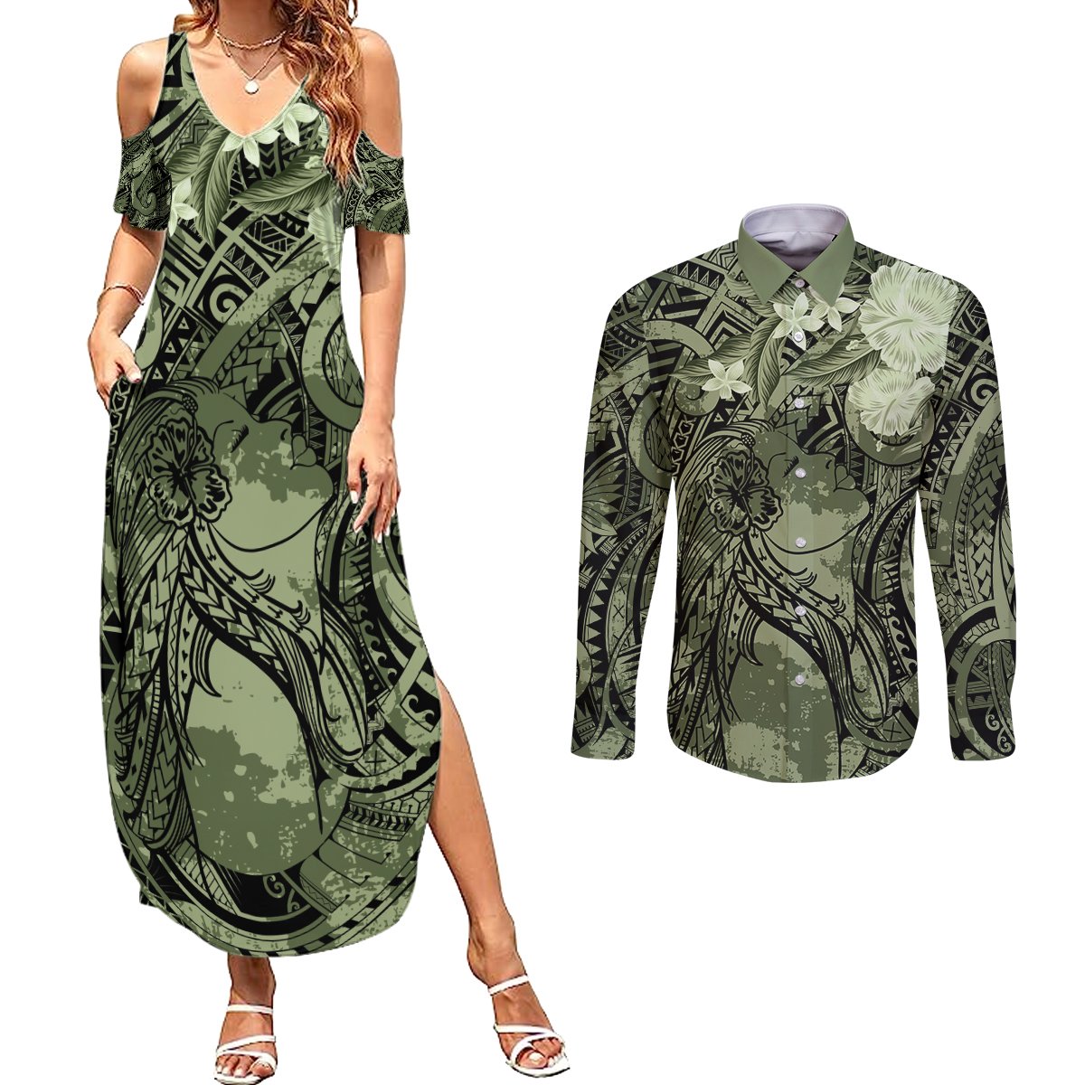 Pacific Beauty Girl Couples Matching Summer Maxi Dress and Long Sleeve Button Shirt Green Polyneisan Tribal Vintage Motif LT9 Green - Polynesian Pride