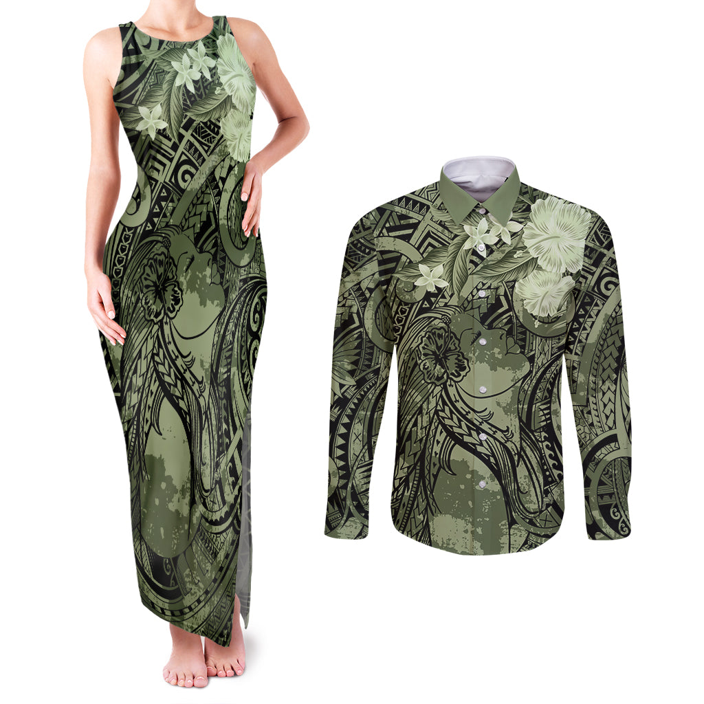 Pacific Beauty Girl Couples Matching Tank Maxi Dress and Long Sleeve Button Shirt Green Polyneisan Tribal Vintage Motif LT9 Green - Polynesian Pride