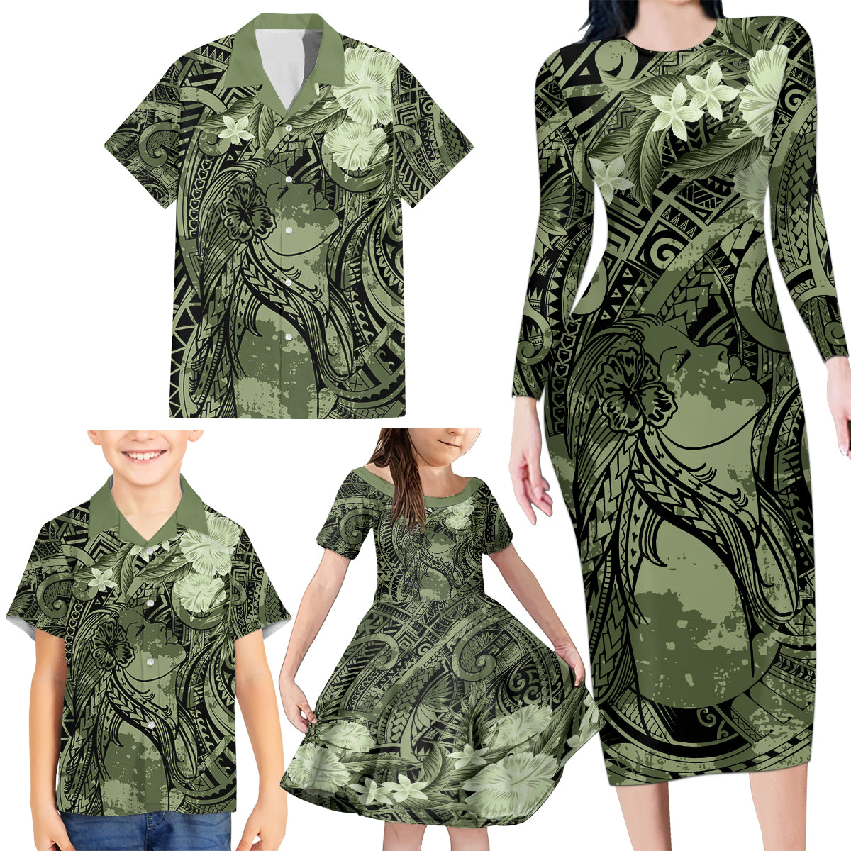 Pacific Beauty Girl Family Matching Long Sleeve Bodycon Dress and Hawaiian Shirt Green Polyneisan Tribal Vintage Motif LT9 - Polynesian Pride