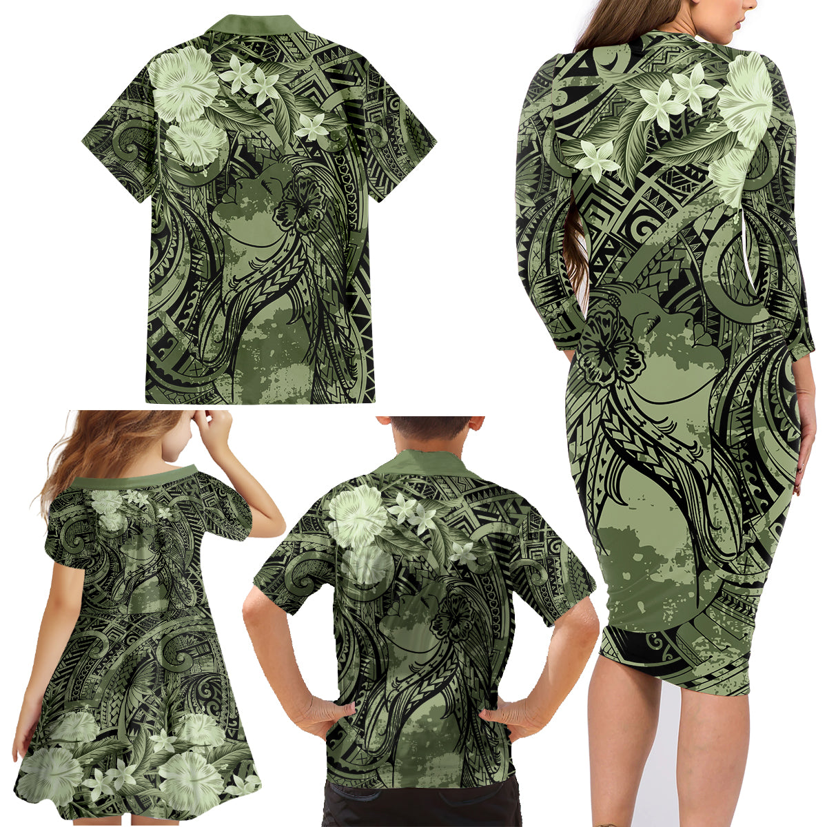 Pacific Beauty Girl Family Matching Long Sleeve Bodycon Dress and Hawaiian Shirt Green Polyneisan Tribal Vintage Motif LT9 - Polynesian Pride