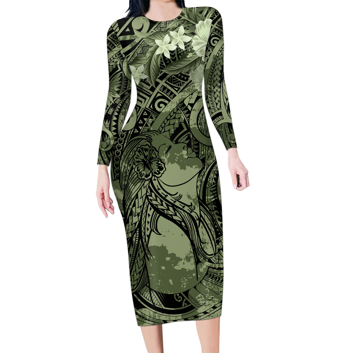 Pacific Beauty Girl Family Matching Long Sleeve Bodycon Dress and Hawaiian Shirt Green Polyneisan Tribal Vintage Motif LT9 Mom's Dress Green - Polynesian Pride