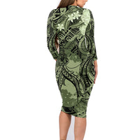 Pacific Beauty Girl Family Matching Long Sleeve Bodycon Dress and Hawaiian Shirt Green Polyneisan Tribal Vintage Motif LT9 - Polynesian Pride