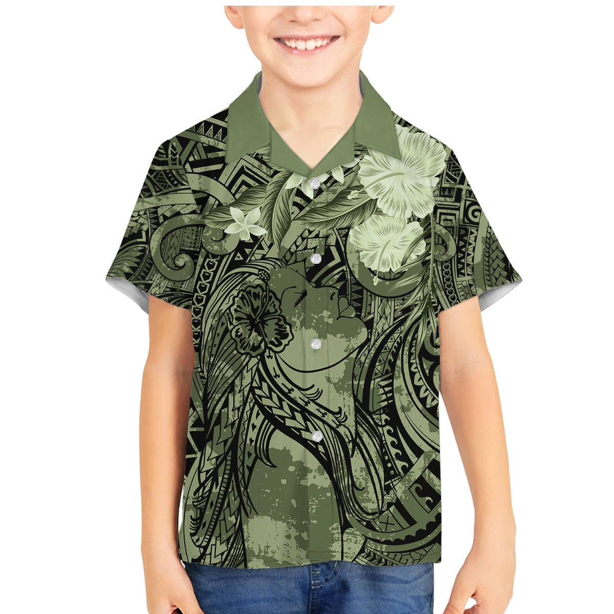 Pacific Beauty Girl Family Matching Mermaid Dress and Hawaiian Shirt Green Polyneisan Tribal Vintage Motif LT9 Son's Shirt Green - Polynesian Pride