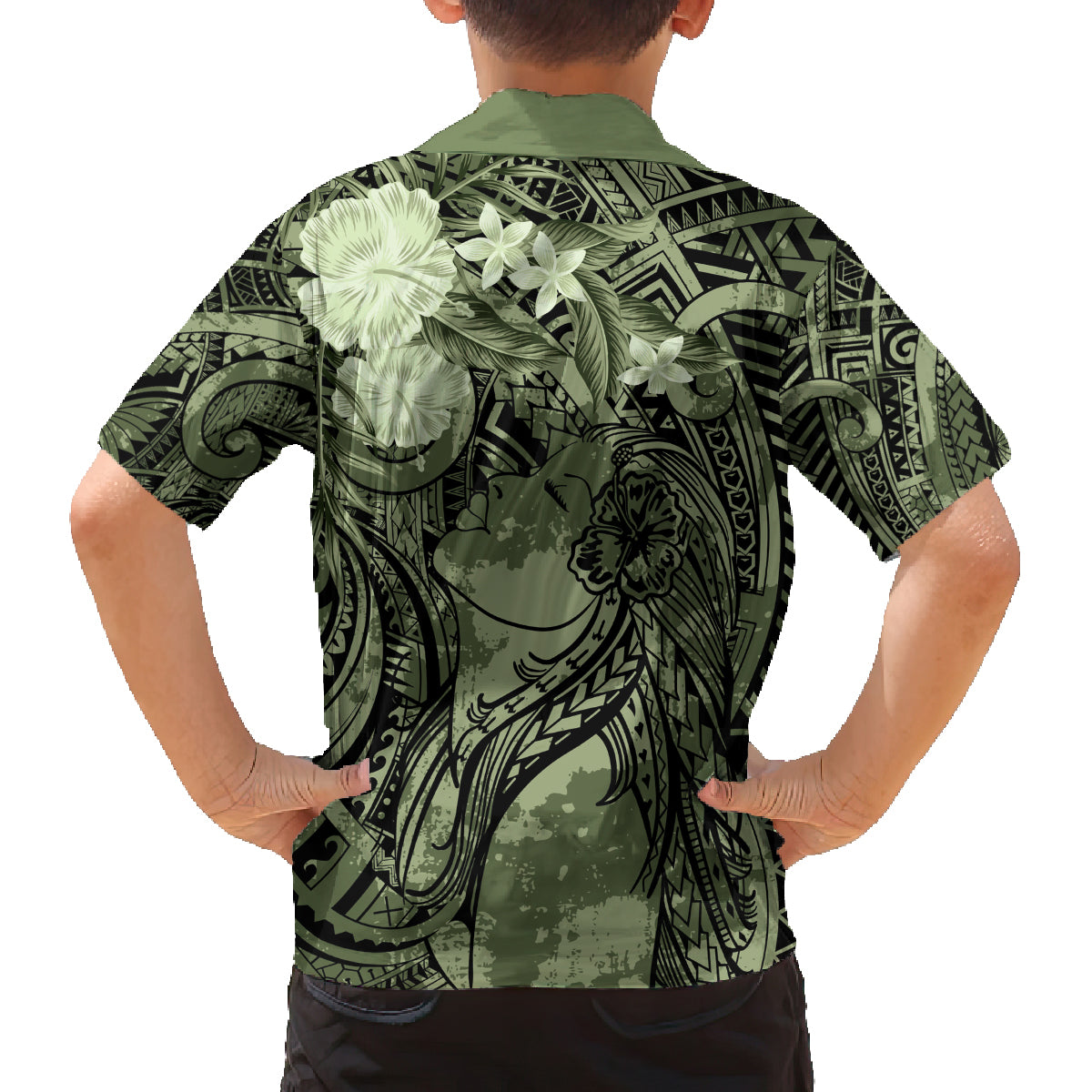 Pacific Beauty Girl Family Matching Off The Shoulder Long Sleeve Dress and Hawaiian Shirt Green Polyneisan Tribal Vintage Motif LT9 - Polynesian Pride