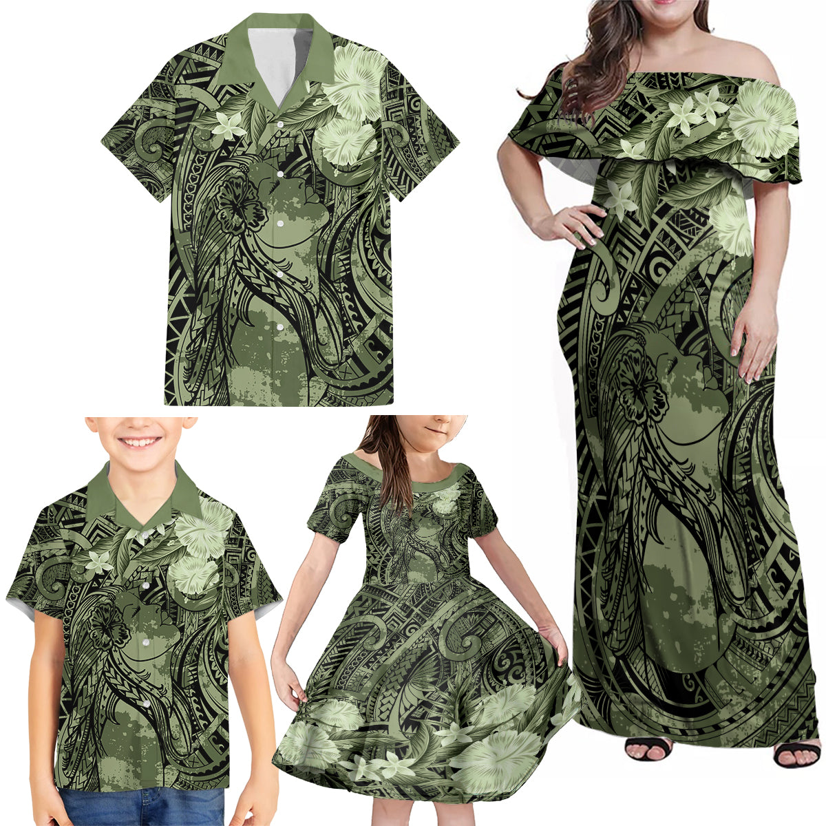 Pacific Beauty Girl Family Matching Off Shoulder Maxi Dress and Hawaiian Shirt Green Polyneisan Tribal Vintage Motif LT9 - Polynesian Pride