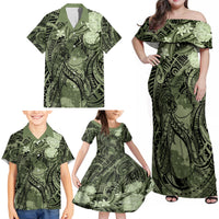 Pacific Beauty Girl Family Matching Off Shoulder Maxi Dress and Hawaiian Shirt Green Polyneisan Tribal Vintage Motif LT9 - Polynesian Pride