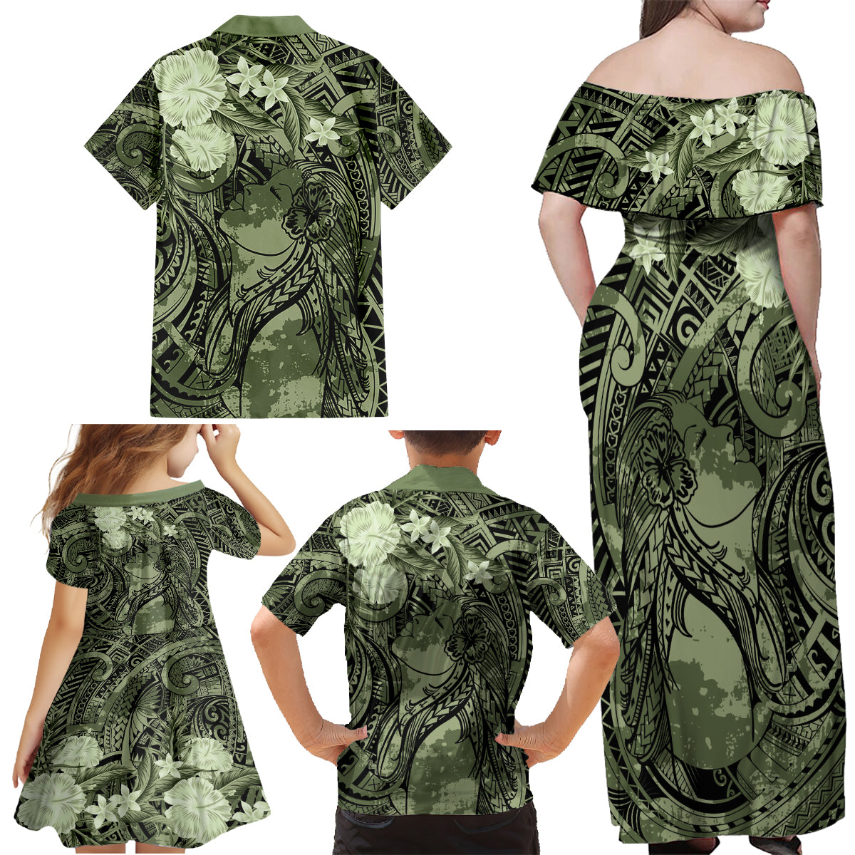 Pacific Beauty Girl Family Matching Off Shoulder Maxi Dress and Hawaiian Shirt Green Polyneisan Tribal Vintage Motif LT9 - Polynesian Pride