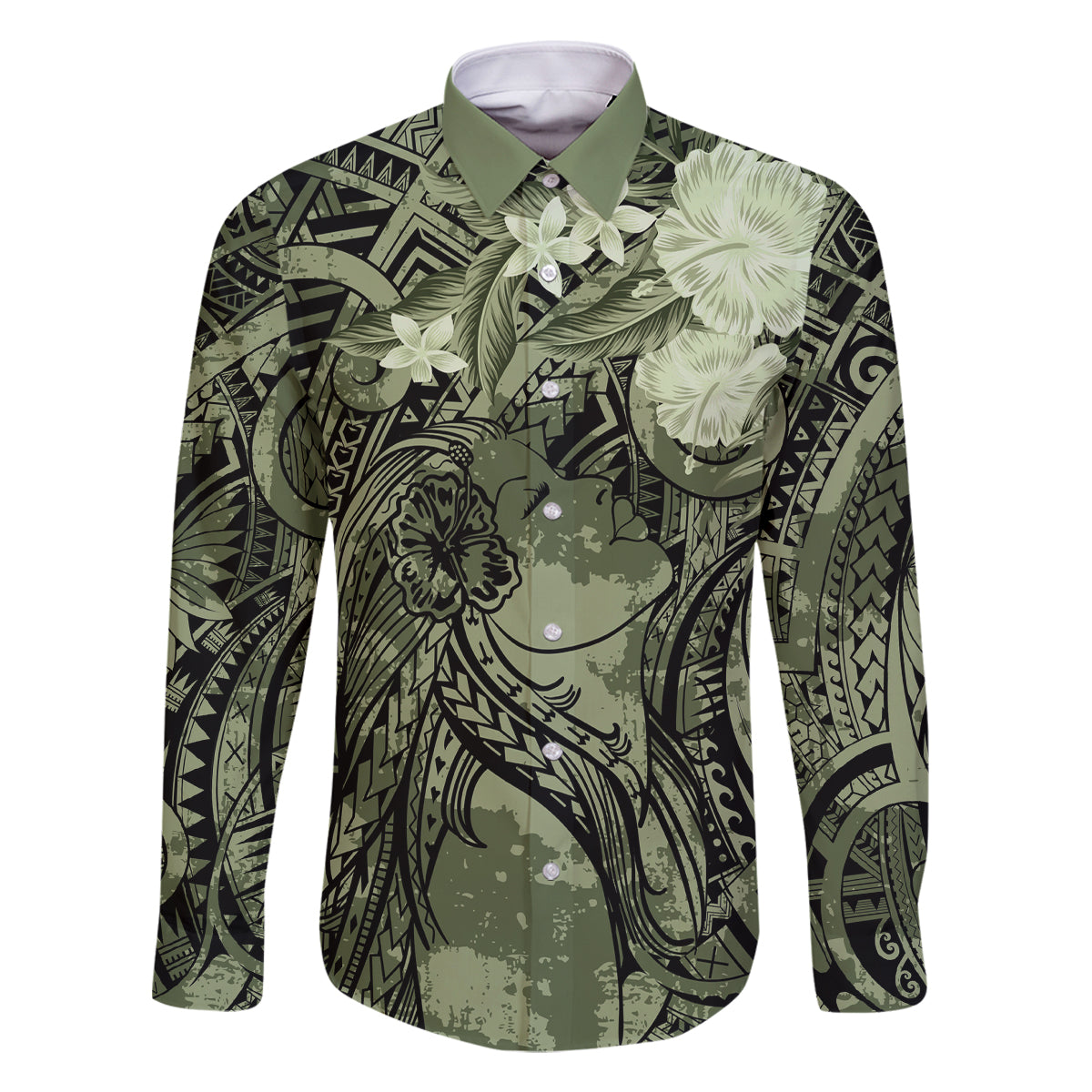 Pacific Beauty Girl Family Matching Off Shoulder Maxi Dress and Hawaiian Shirt Green Polyneisan Tribal Vintage Motif LT9 Dad's Shirt - Long Sleeve Green - Polynesian Pride