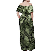 Pacific Beauty Girl Family Matching Off Shoulder Maxi Dress and Hawaiian Shirt Green Polyneisan Tribal Vintage Motif LT9 - Polynesian Pride