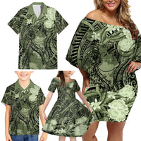 Pacific Beauty Girl Family Matching Off Shoulder Short Dress and Hawaiian Shirt Green Polyneisan Tribal Vintage Motif LT9 - Polynesian Pride