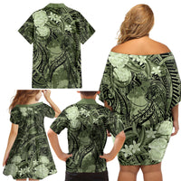 Pacific Beauty Girl Family Matching Off Shoulder Short Dress and Hawaiian Shirt Green Polyneisan Tribal Vintage Motif LT9 - Polynesian Pride