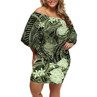 Pacific Beauty Girl Family Matching Off Shoulder Short Dress and Hawaiian Shirt Green Polyneisan Tribal Vintage Motif LT9 Mom's Dress Green - Polynesian Pride