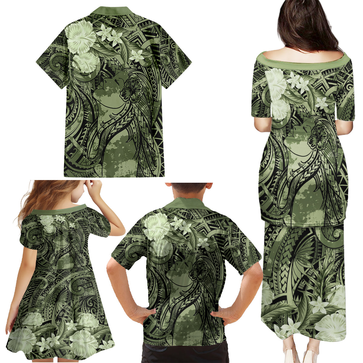 Pacific Beauty Girl Family Matching Puletasi and Hawaiian Shirt Green Polyneisan Tribal Vintage Motif LT9 - Polynesian Pride