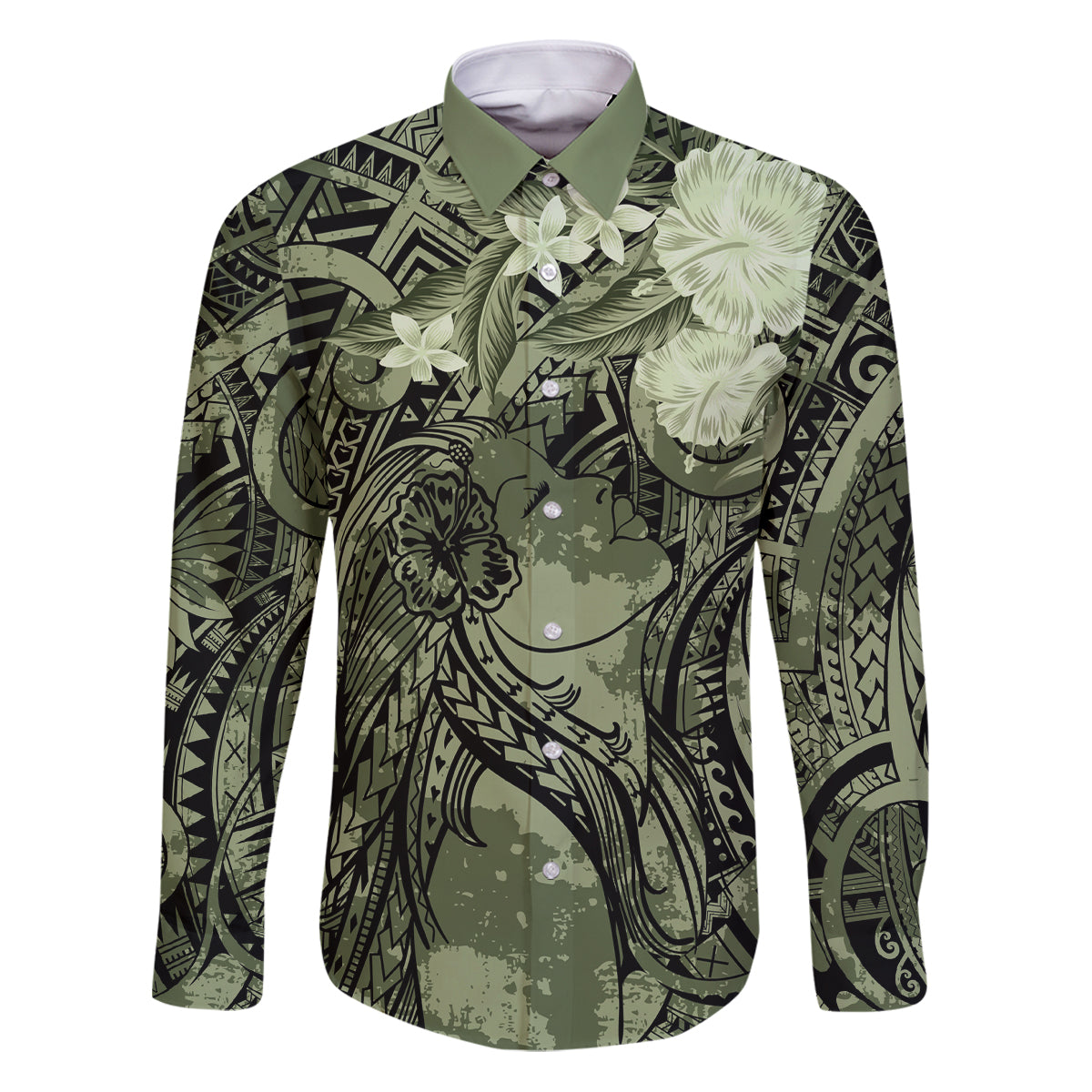 Pacific Beauty Girl Family Matching Puletasi and Hawaiian Shirt Green Polyneisan Tribal Vintage Motif LT9 Dad's Shirt - Long Sleeve Green - Polynesian Pride