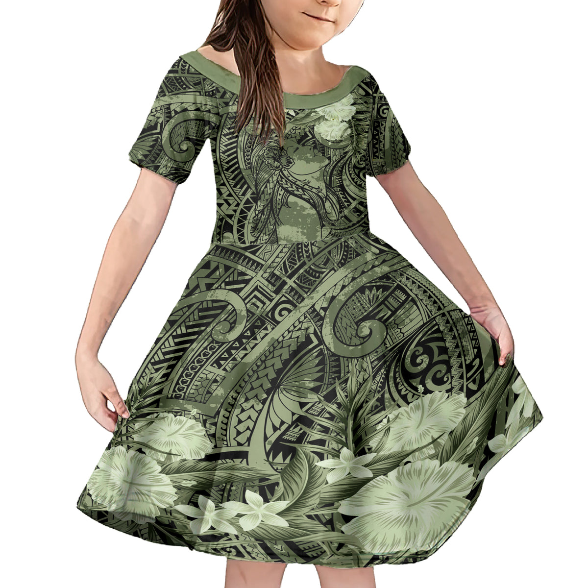 Pacific Beauty Girl Family Matching Short Sleeve Bodycon Dress and Hawaiian Shirt Green Polyneisan Tribal Vintage Motif LT9 Daughter's Dress Green - Polynesian Pride