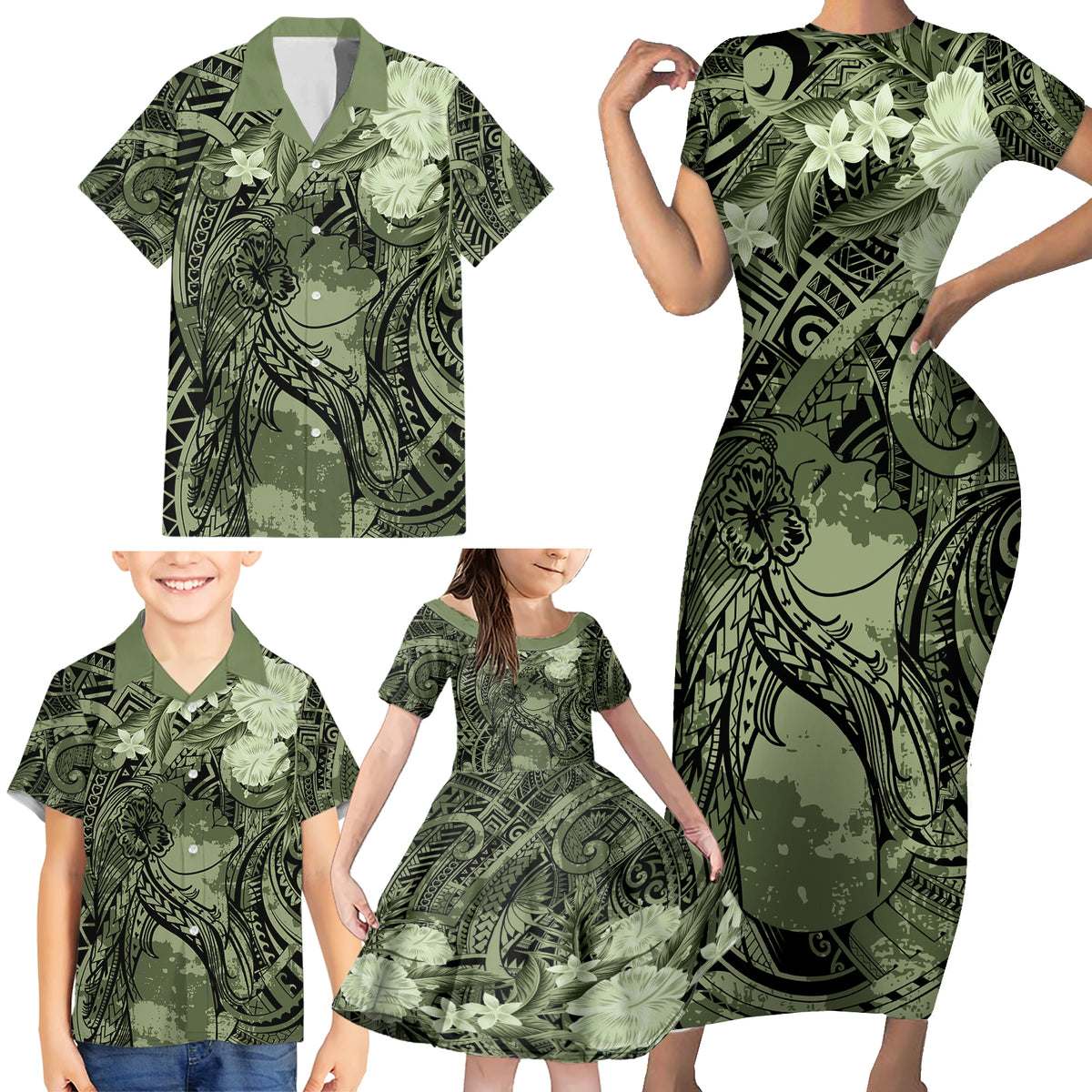 Pacific Beauty Girl Family Matching Short Sleeve Bodycon Dress and Hawaiian Shirt Green Polyneisan Tribal Vintage Motif LT9 - Polynesian Pride