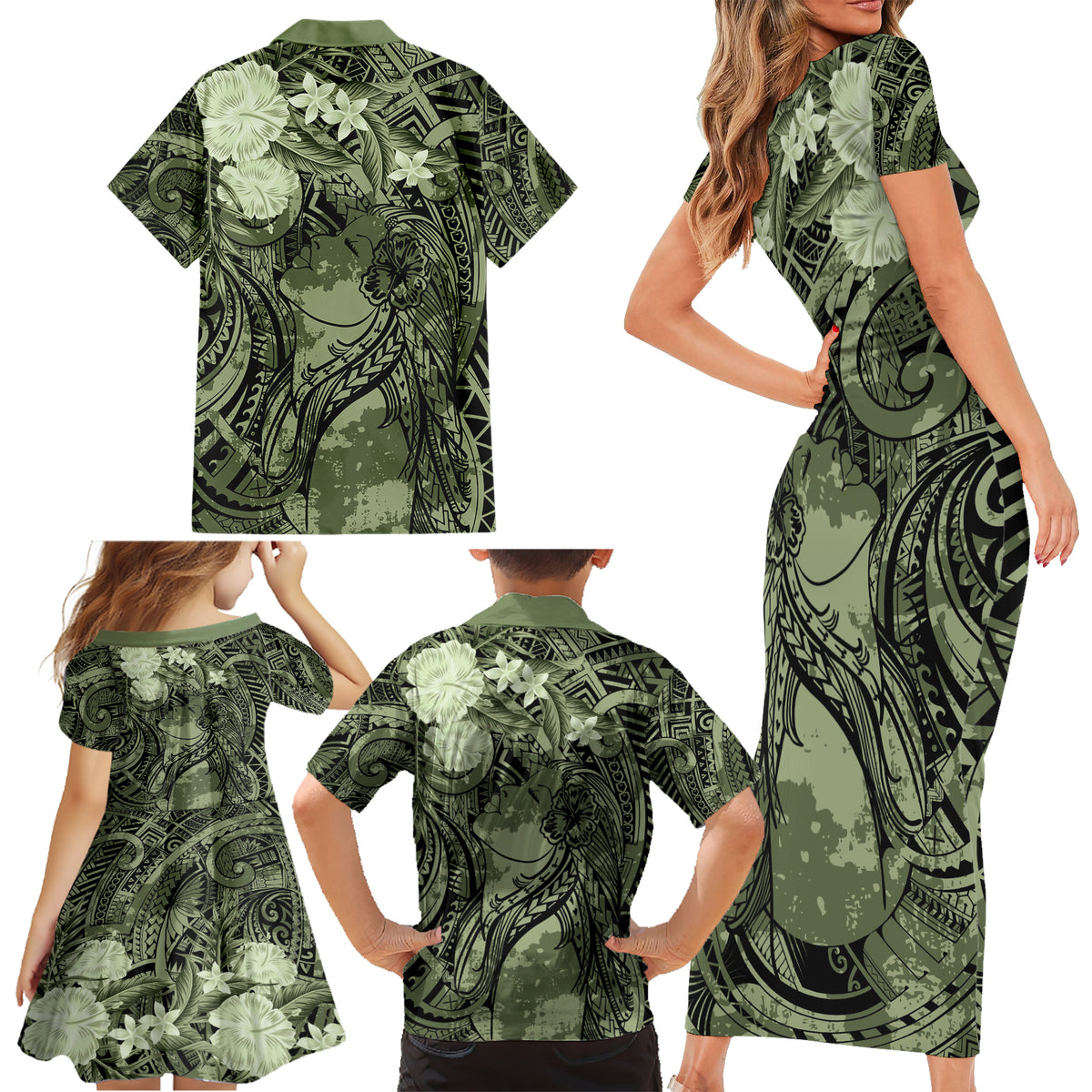 Pacific Beauty Girl Family Matching Short Sleeve Bodycon Dress and Hawaiian Shirt Green Polyneisan Tribal Vintage Motif LT9 - Polynesian Pride