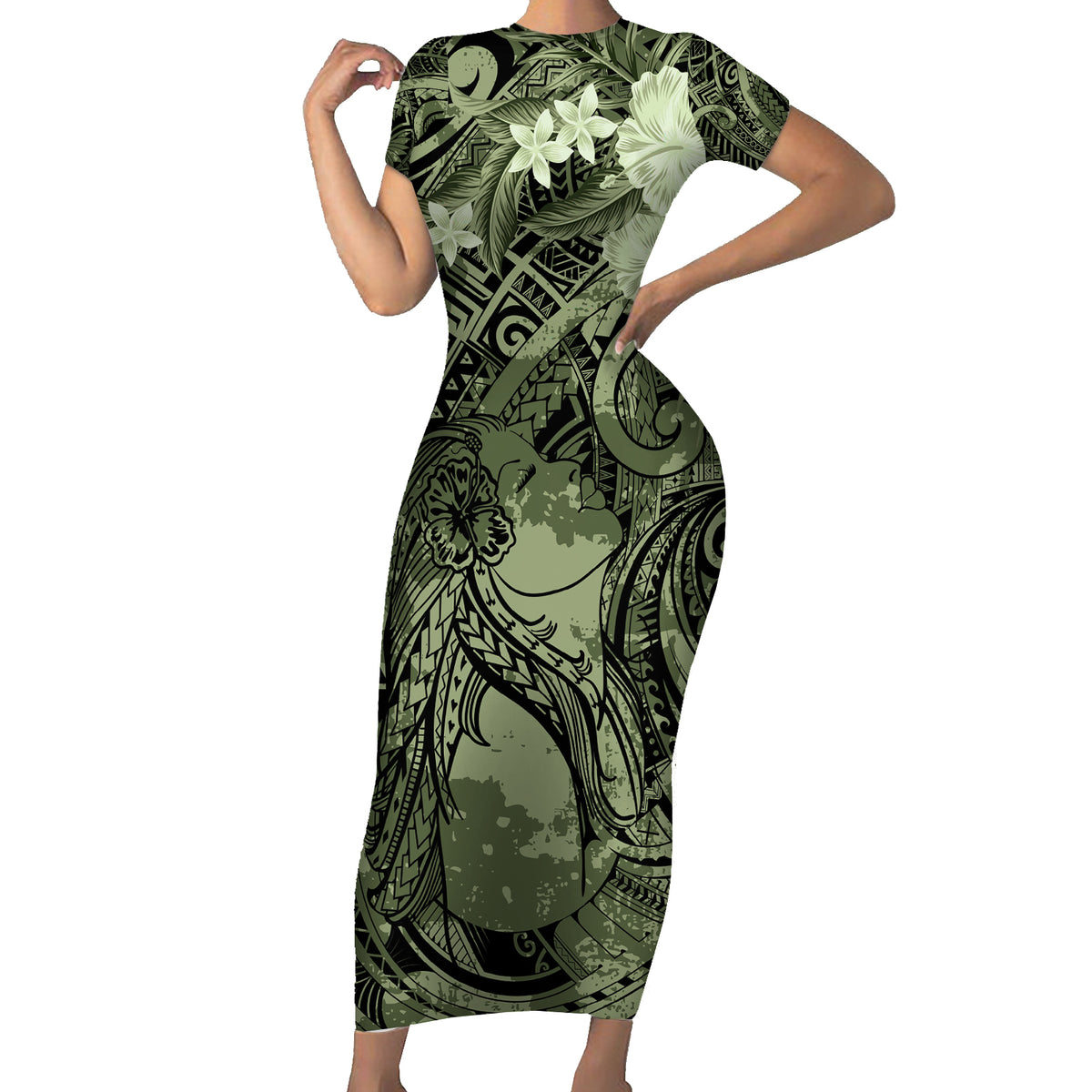 Pacific Beauty Girl Family Matching Short Sleeve Bodycon Dress and Hawaiian Shirt Green Polyneisan Tribal Vintage Motif LT9 Mom's Dress Green - Polynesian Pride