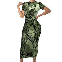 Pacific Beauty Girl Family Matching Short Sleeve Bodycon Dress and Hawaiian Shirt Green Polyneisan Tribal Vintage Motif LT9 Mom's Dress Green - Polynesian Pride