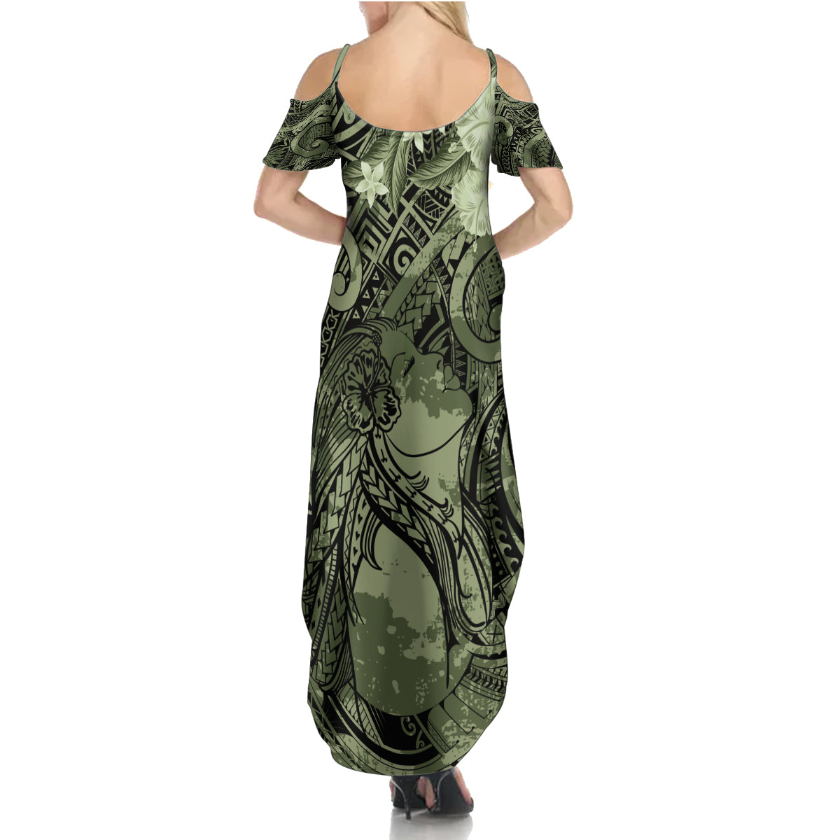 Pacific Beauty Girl Family Matching Summer Maxi Dress and Hawaiian Shirt Green Polyneisan Tribal Vintage Motif LT9 - Polynesian Pride