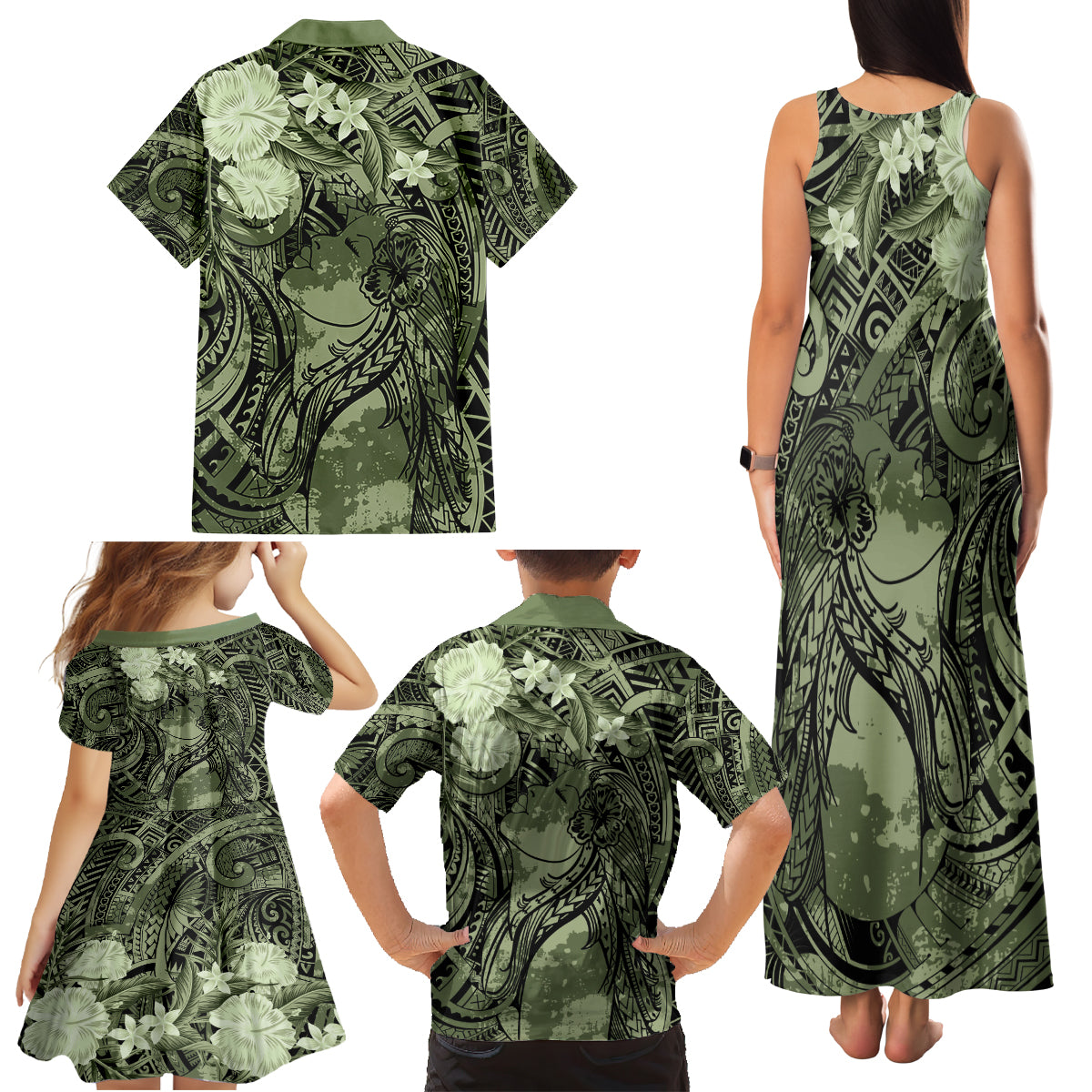 Pacific Beauty Girl Family Matching Tank Maxi Dress and Hawaiian Shirt Green Polyneisan Tribal Vintage Motif LT9 - Polynesian Pride