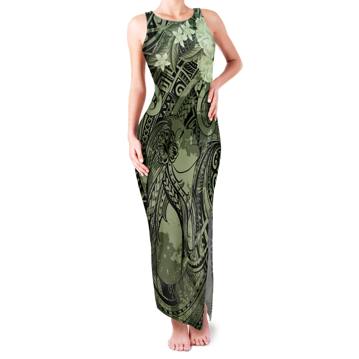 Pacific Beauty Girl Family Matching Tank Maxi Dress and Hawaiian Shirt Green Polyneisan Tribal Vintage Motif LT9 Mom's Dress Green - Polynesian Pride