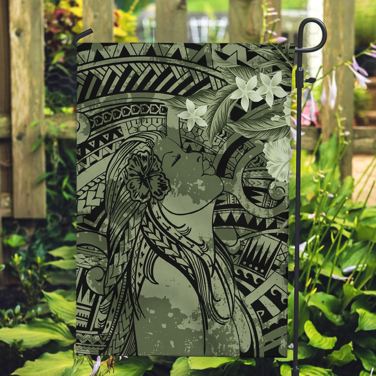 Pacific Beauty Girl Garden Flag Green Polyneisan Tribal Vintage Motif LT9 Garden Flag Green - Polynesian Pride