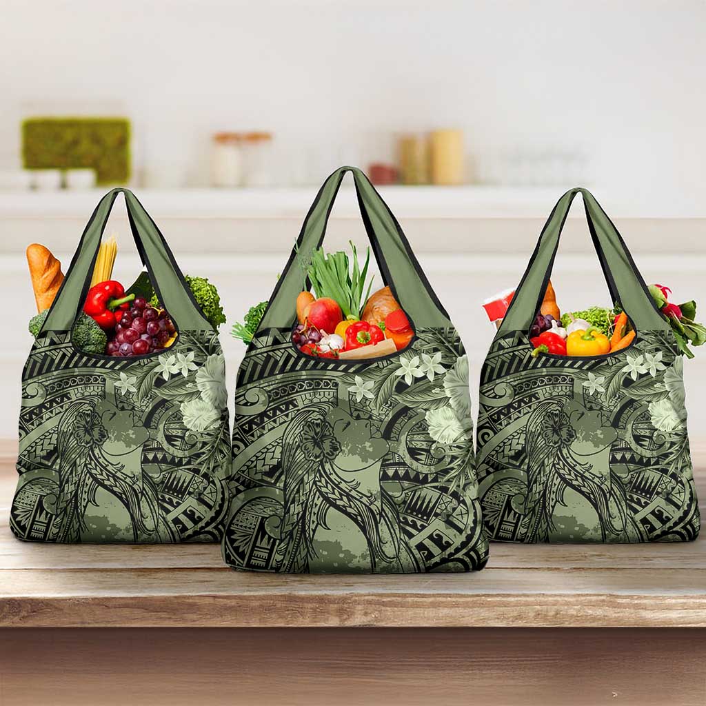 Pacific Beauty Girl Grocery Bag Green Polyneisan Tribal Vintage Motif
