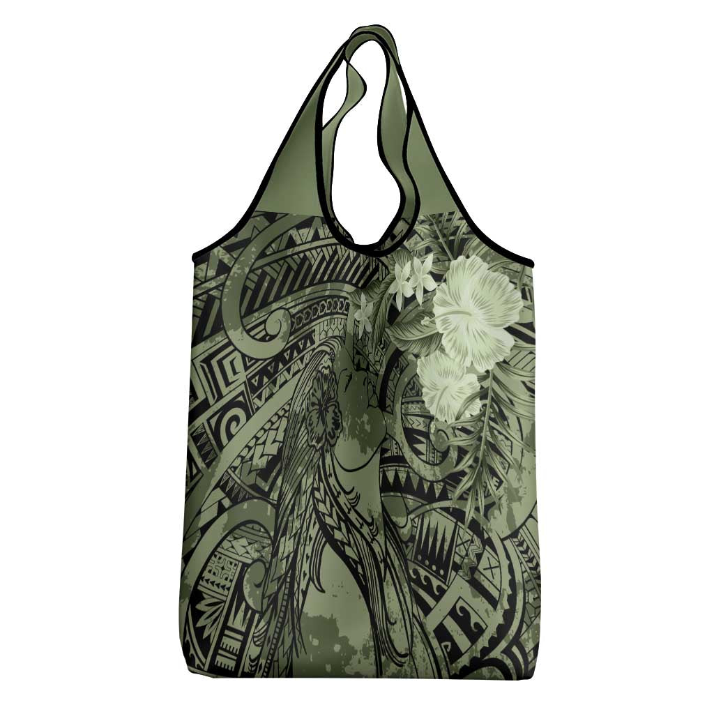Pacific Beauty Girl Grocery Bag Green Polyneisan Tribal Vintage Motif