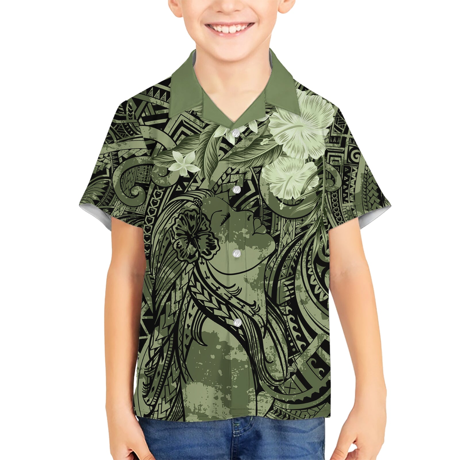 Pacific Beauty Girl Kid Hawaiian Shirt Green Polyneisan Tribal Vintage Motif
