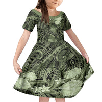 Pacific Beauty Girl Kid Short Sleeve Dress Green Polyneisan Tribal Vintage Motif