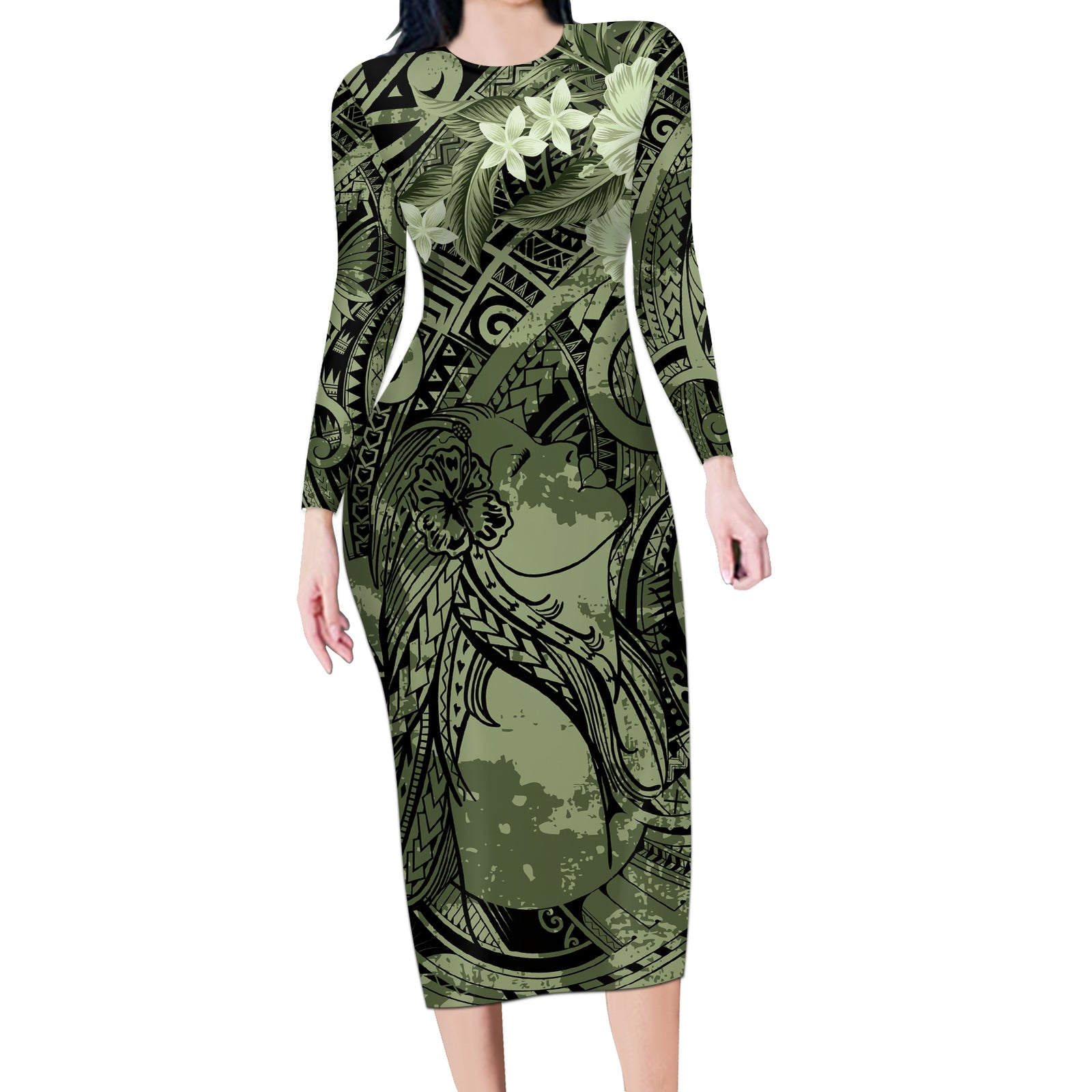 Pacific Beauty Girl Long Sleeve Bodycon Dress Green Polyneisan Tribal Vintage Motif LT9 Long Dress Green - Polynesian Pride