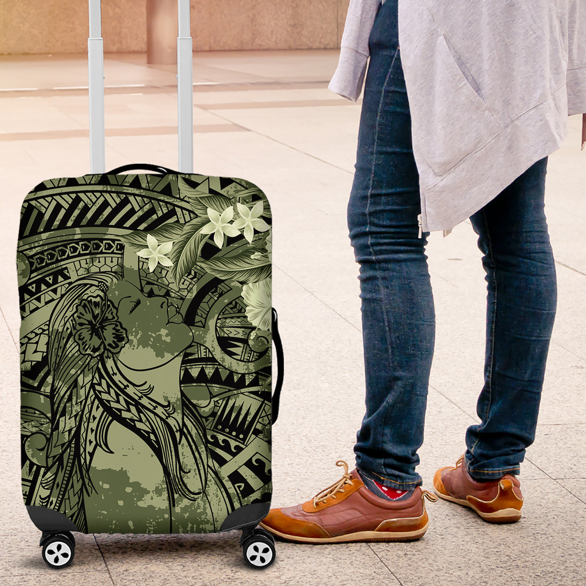 Pacific Beauty Girl Luggage Cover Green Polyneisan Tribal Vintage Motif LT9 Green - Polynesian Pride