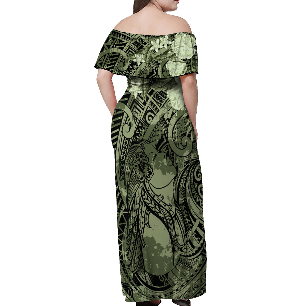 Pacific Beauty Girl Off Shoulder Maxi Dress Green Polyneisan Tribal Vintage Motif