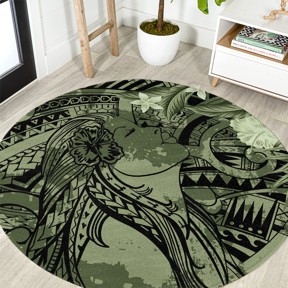 Pacific Beauty Girl Round Carpet Green Polyneisan Tribal Vintage Motif LT9 Green - Polynesian Pride