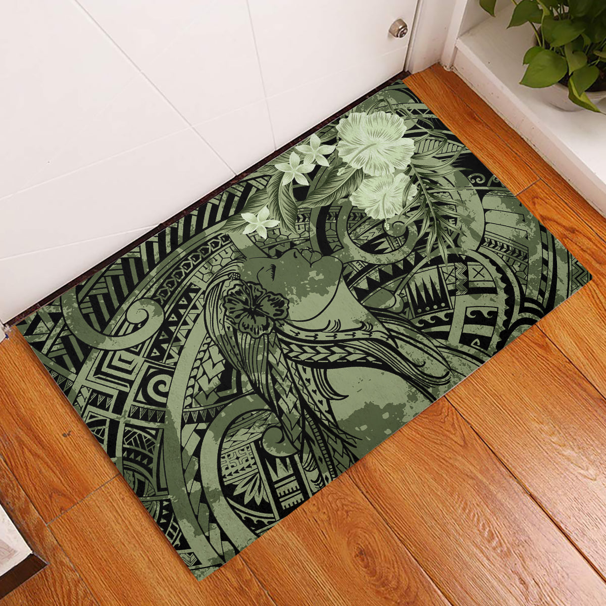 Pacific Beauty Girl Rubber Doormat Green Polyneisan Tribal Vintage Motif LT9 Green - Polynesian Pride