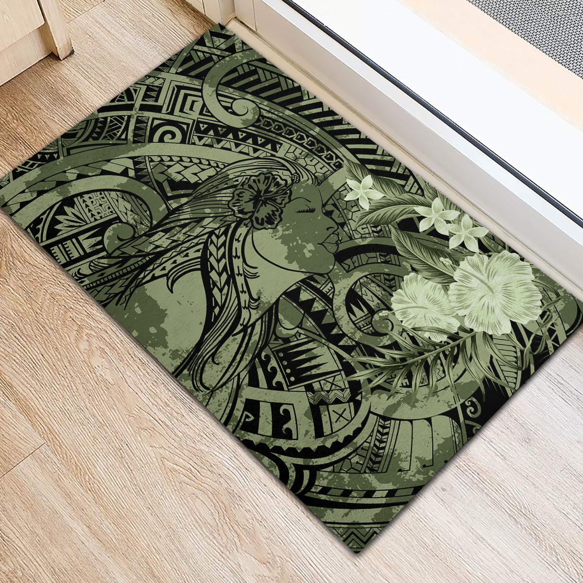 Pacific Beauty Girl Rubber Doormat Green Polyneisan Tribal Vintage Motif