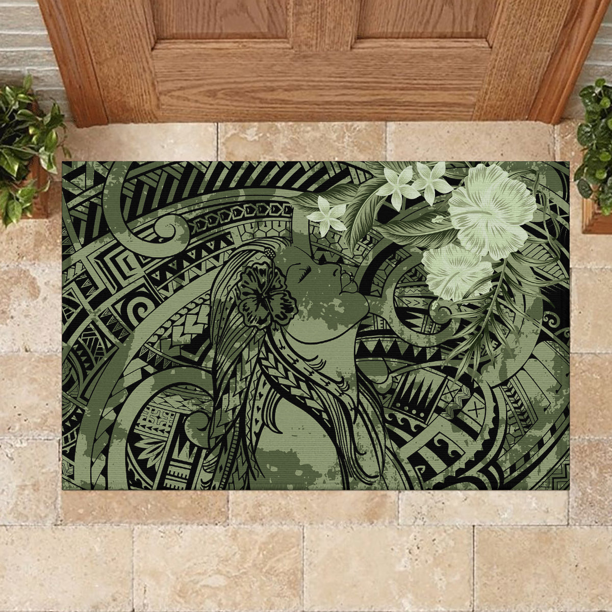 Pacific Beauty Girl Rubber Doormat Green Polyneisan Tribal Vintage Motif