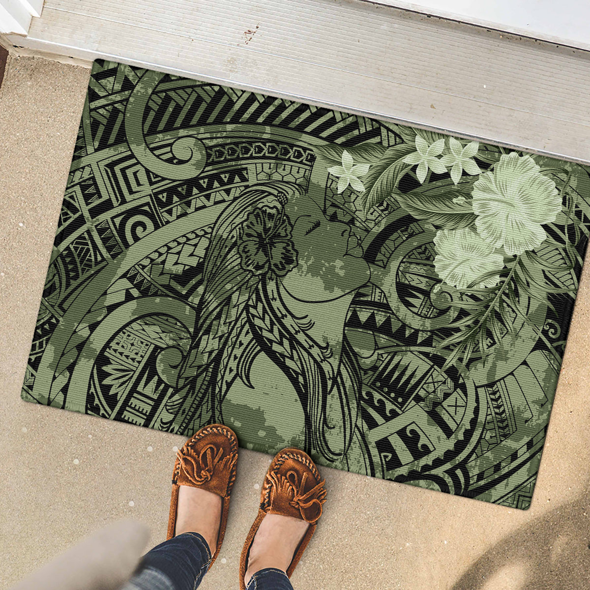 Pacific Beauty Girl Rubber Doormat Green Polyneisan Tribal Vintage Motif