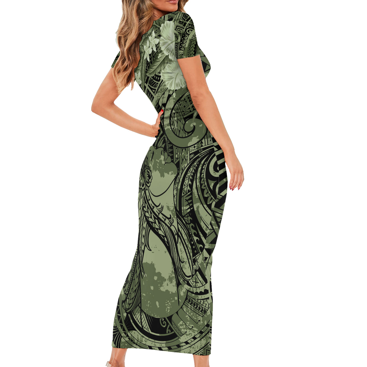 Pacific Beauty Girl Short Sleeve Bodycon Dress Green Polyneisan Tribal Vintage Motif