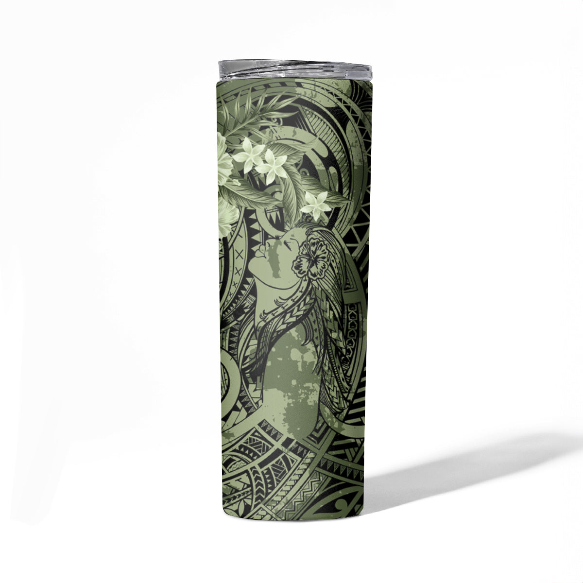 Pacific Beauty Girl Skinny Tumbler Green Polyneisan Tribal Vintage Motif