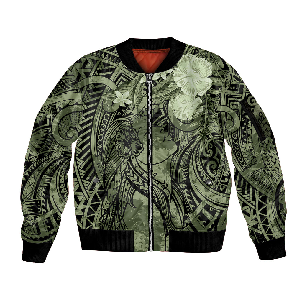 Pacific Beauty Girl Sleeve Zip Bomber Jacket Green Polyneisan Tribal Vintage Motif LT9 Unisex Green - Polynesian Pride