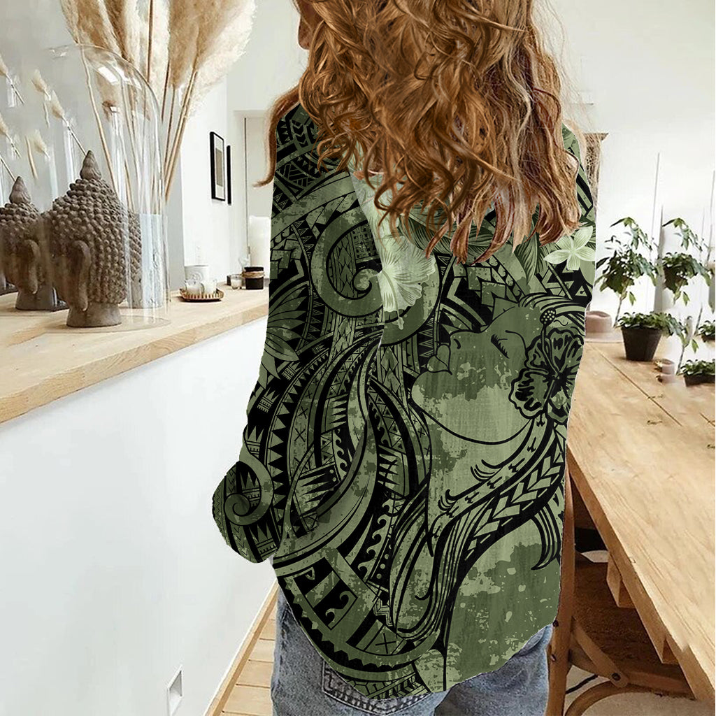Pacific Beauty Girl Women Casual Shirt Green Polyneisan Tribal Vintage Motif LT9 - Polynesian Pride