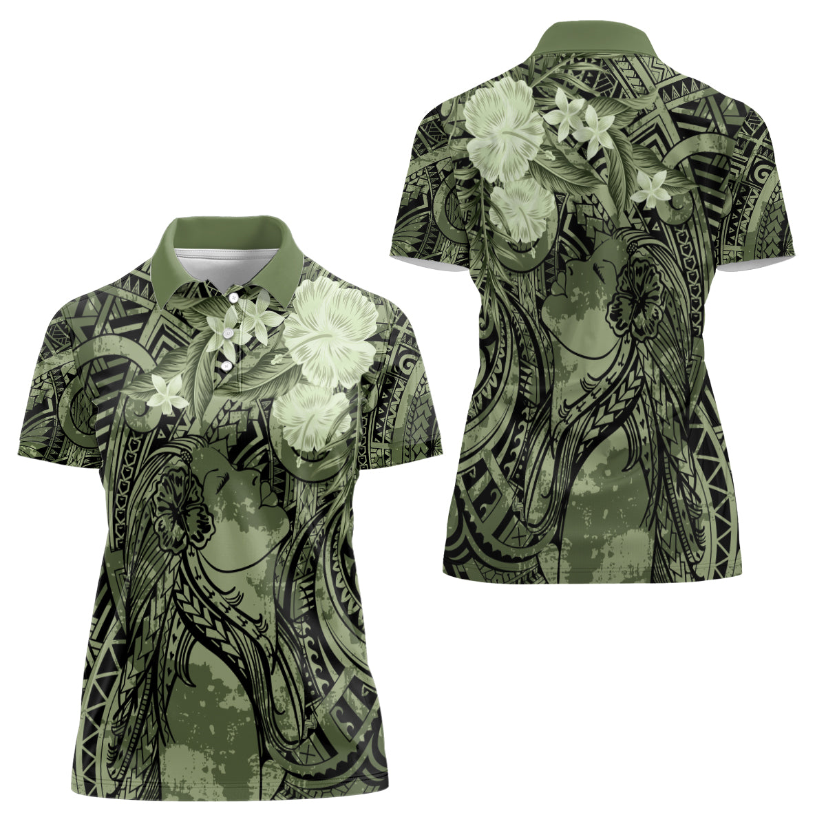 Pacific Beauty Girl Women Polo Shirt Green Polyneisan Tribal Vintage Motif LT9 - Polynesian Pride