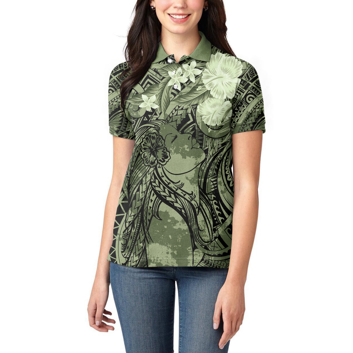 Pacific Beauty Girl Women Polo Shirt Green Polyneisan Tribal Vintage Motif LT9 - Polynesian Pride