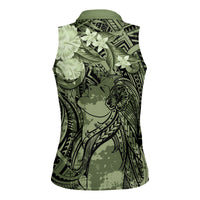 Pacific Beauty Girl Women Sleeveless Polo Shirt Green Polyneisan Tribal Vintage Motif