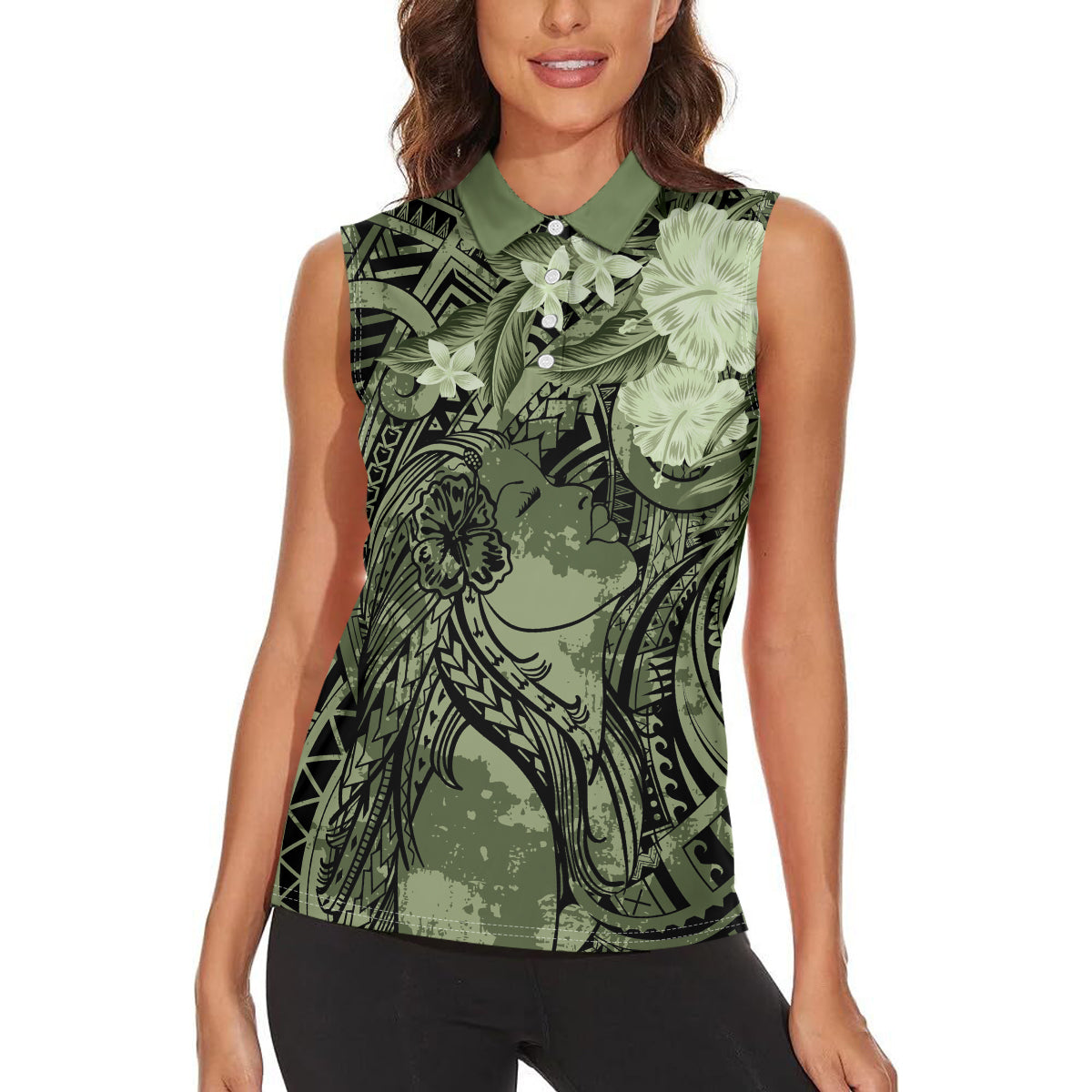 Pacific Beauty Girl Women Sleeveless Polo Shirt Green Polyneisan Tribal Vintage Motif