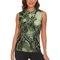 Pacific Beauty Girl Women Sleeveless Polo Shirt Green Polyneisan Tribal Vintage Motif