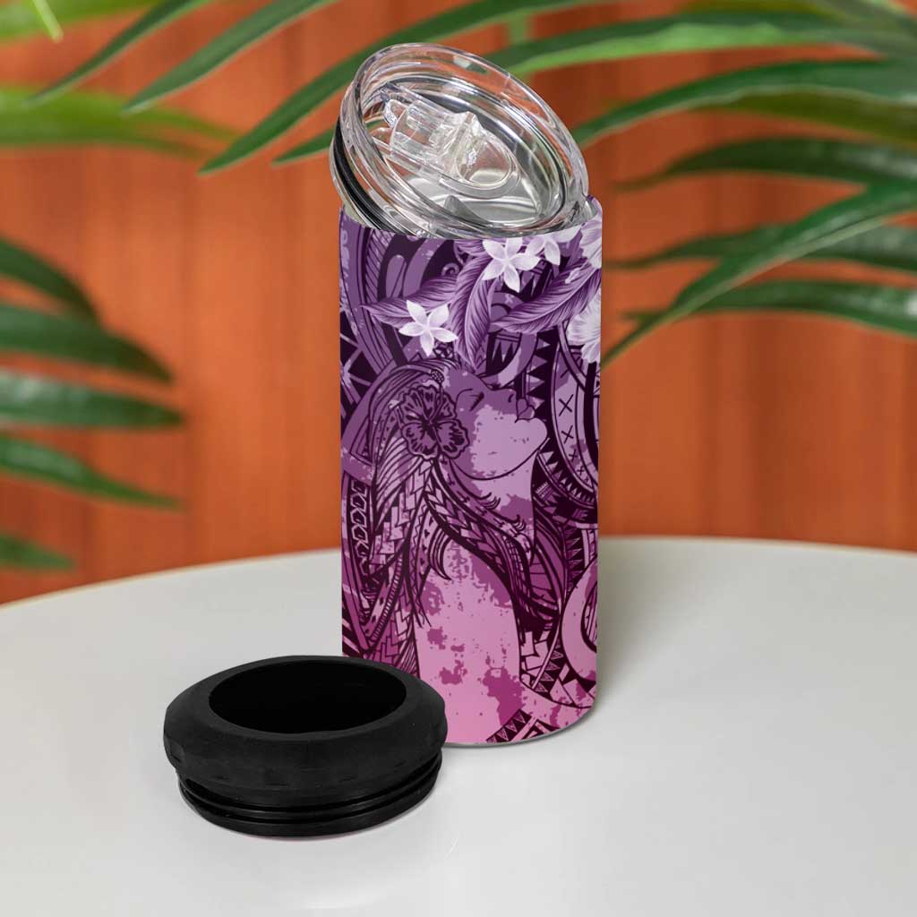 Pacific Beauty Girl 4 in 1 Can Cooler Tumbler Pink Polyneisan Tribal Vintage Motif