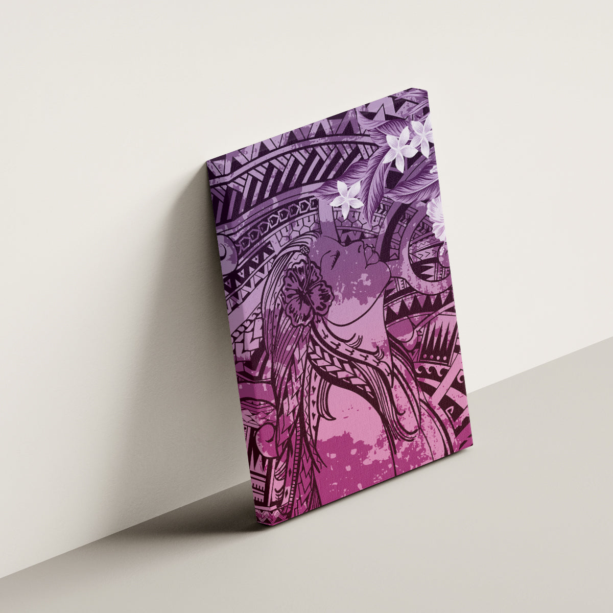 Pacific Beauty Girl Canvas Wall Art Pink Polyneisan Tribal Vintage Motif